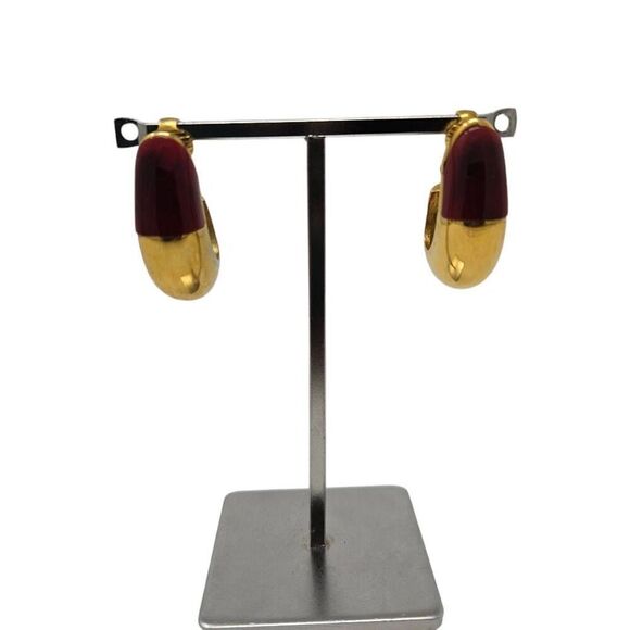 Vintage Givenchy Red/Burgundy Enamel & Gold Half Hoop Clip-On Earrings | Circa 1 - Picture 1 of 11